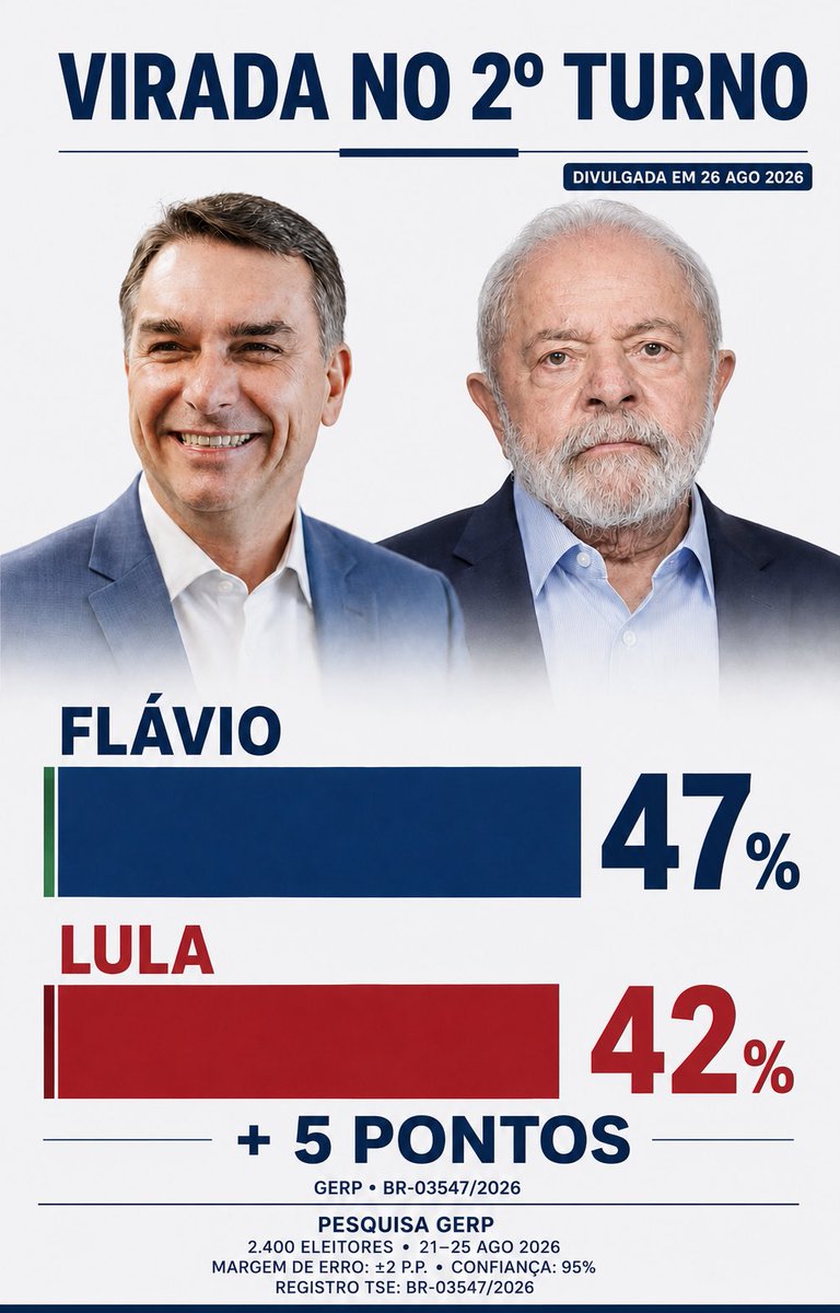DaltonMachadoG's tweet photo. 🚨 VIRADA HISTÓRICA

FLÁVIO ULTRAPASSA LULA!

GERP: 47% a 42% no 2º turno cinco pontos de vantagem, acima da margem de erro. 
Disseram que ele não tinha chance. 
Agora é Lula quem vê Flávio pelo retrovisor. 
A esquerda já procura desculpa e o Brasil começa a mudar! 😂🇧🇷 https://t.co/AIAXCFk7Cs