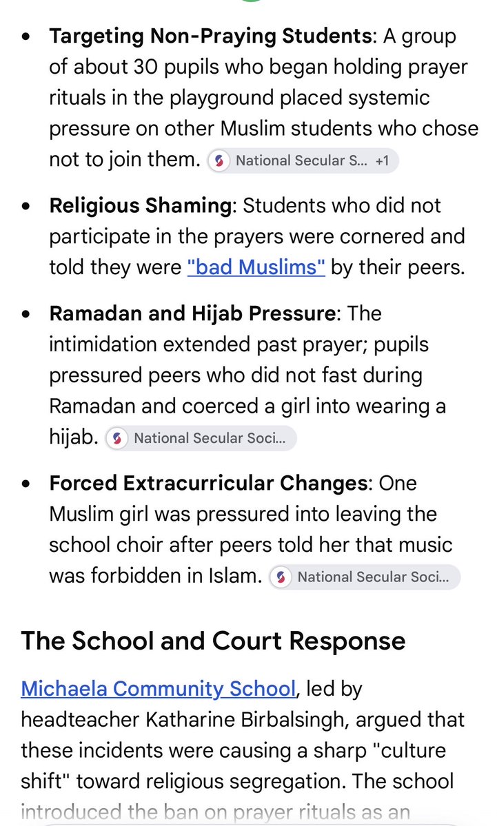 DearRebelAda's tweet photo. Islamists threatened Michaela School and its teachers with destruction, and the story is emblematic. 

Michaela is the only free, non-selective school in Britain with academic results to rival Eton’s. No sports hall, no grass, no sports field, no car park - no space for a prayer room. So Muslim pupils pushed mobile prayer mats and prayers into the playground, pressurising others to join, intimidating and shaming pupils who did not, causing one girl to leave the choir because “music is haram”, coercing another girl into a hijab. Birbalsingh recognised a culture shift towards religious segregation, and moved to end it.
Teachers confiscated prayer mats, and a Muslim backlash ensued; there was an online petition against one teacher, violence and death threats, racist and misogynistic abuse, and a bomb threat, such that Birbalsingh banned all group prayer. Outrageous and real threats - but not surprising. The Batley Grammar RE teacher and his family are still in hiding,  under police protection. Samuel Paty was beheaded outside his school in Paris.

One child, TTT, refused to comply, kept pushing that prayer mat into shared space, and was suspended twice for her rudeness, defiance and for threatening to stab another pupil. 
That was just the warm-up. She and her mother, supported by an extended Muslim network crying Islamophobia, took Michaela to court on legal aid. 
They claimed Muslim pupils need special treatment because the prayer regime is so exigent, and lost. The court found that  banning prayers was proportionate to a legitimate aim, and TTT could change schools if she wished to pray.
The girl had told a classmate that she wanted to harm Michaela, warning, with the stab threat, not to tell anyone. Court upheld that suspension.
She could at any time have chosen a different school, her younger sister too. They didn’t, because they wanted the academic results - just not the discipline and fairness that were integral to them. It didn’t cost them a penny, but was very costly to taxpayers and Michaela’s funds, time and energy. 

It is a story which exposes ugly truths about Islam’s destructive potential in Western institutions, and that even children will be used to disrupt the status quo and exert dominance, be taught not to abide by rules or assimilate but to claim special status, space and privilege, and shout, abuse, threaten violence, bombs and death if they don’t get what they want. And exploit the despised colonialist British taxpayer in their drive to bend the world to their wishes. 

They got the opposite of what they wanted: a permanent ban on prayer at Michaela, and a warning for every other school.