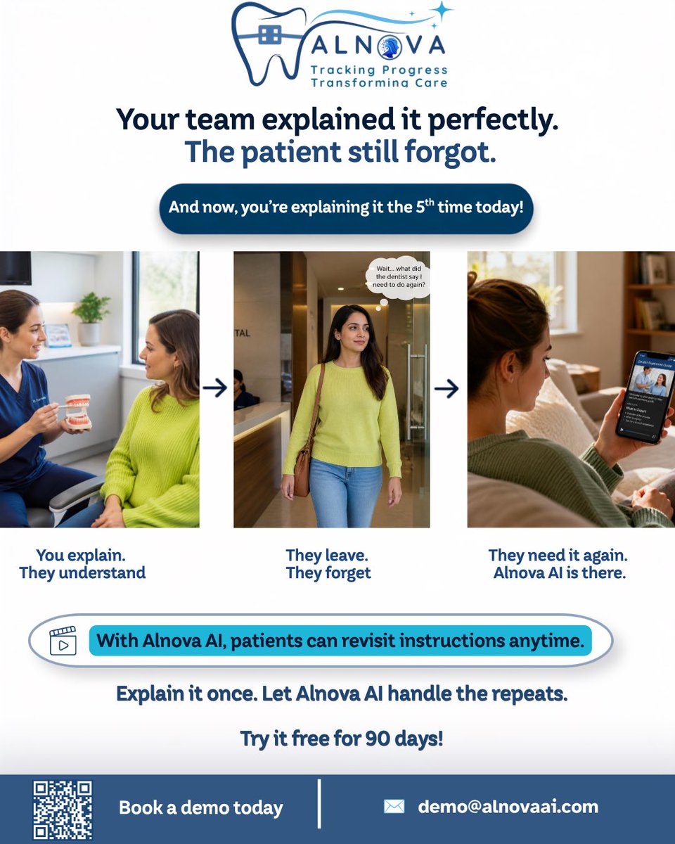 AlnovaDental's tweet photo. You explained it. They understood it. Then they forgot. 😅
With Alnova AI, patients can revisit treatment instructions and video guides anytime.
Less repeating. More time for care.
👉 Book a demo + try Alnova AI FREE for 90 days.
#AlnovaAI #DentalTech #PatientEngagement https://t.co/TyywSKUiCe