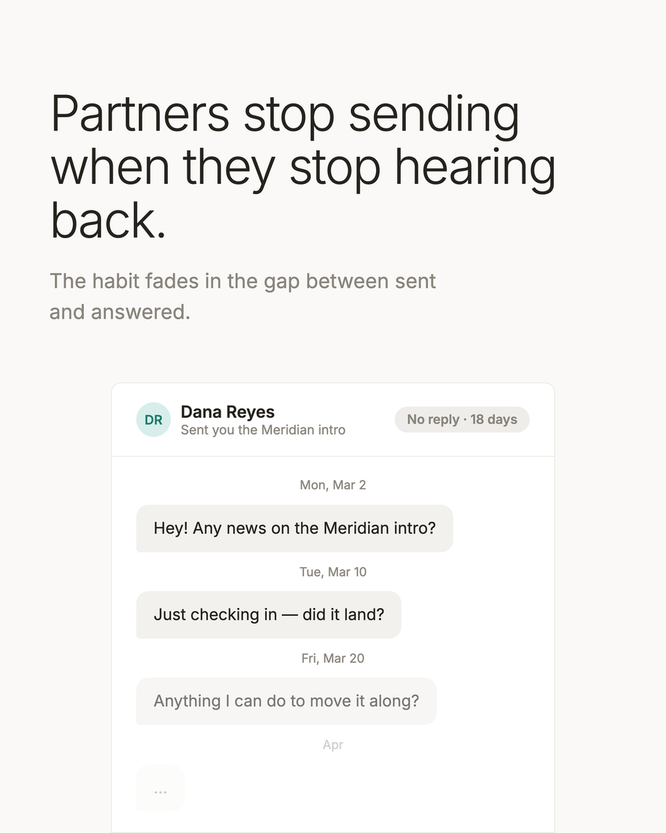 Get_Introzy's tweet photo. The intro is easy. The silence after it is where referral trust slips.

Introzy keeps the loop visible from first capture to payout, so partners can see their help got counted and answered.

See how Introzy keeps introductions warm. https://t.co/tCsj18hJFK #PartnerOps https://t.co/O3UppfLElI