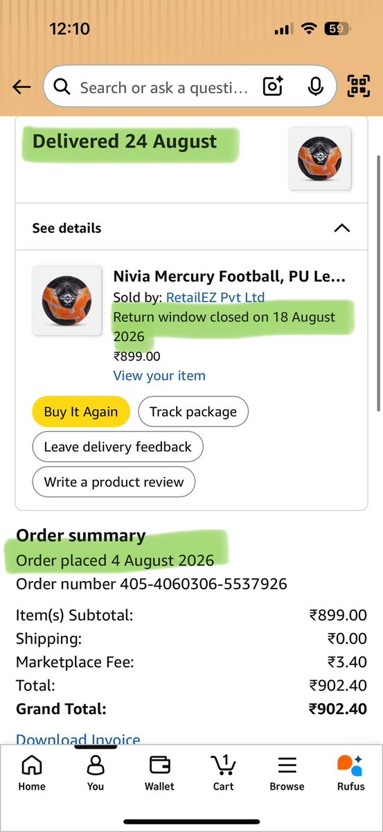 MonishMehta9's tweet photo. What kind of scam are you playing @amazonIN on the citizens of India?
I ordered for a Football and received a cheap volleyball which was already an extremely delayed delivery. 
The delivered date is 24th August and your return window says closed on 18th August. https://t.co/alRBc9blUR