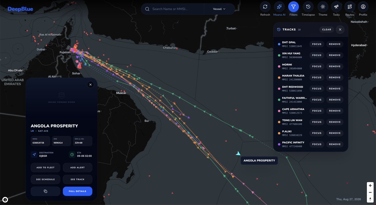 live_ais_com's tweet photo. 26th Aug - Gulf of Oman crude on the move.
Total - 14 million barrels.

* Almost fully laden VLCCs:
ANGOLA PROSPERITY - 1.8 mb
DHT OPAL - 1.6 mb
XIN HUI YANG - 1.9 mb
MORINI - 1.7 mb
MARAN THALEIA - 1.75 mb
DHT REDWOOD - 1.8 mb (just set from anch)

* Suezmax:
FAITHFUL WARRIOR - 1mb
CAPE ARMATHIA - 1mb

* Aframax:
P. ALIKI - about 750K
TONG LIN WAN - about 500K

* Medium Range:
PACIFIC INFINITY