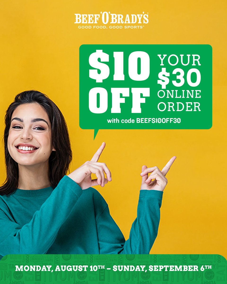 beefobradyskpt's tweet photo. 🚨DEAL ALERT! VALID AUGUST 10th - SEPTEMBER 6th!
-Enter code BEEFS10OFF30 when checking out of your $30+ Online Order to save $10!

*Not valid with any other offer, discount, promotion, purchase of gift cards or delivery orders. Tax, alcohol and gratuity not included. One... https://t.co/WsifONnM7O