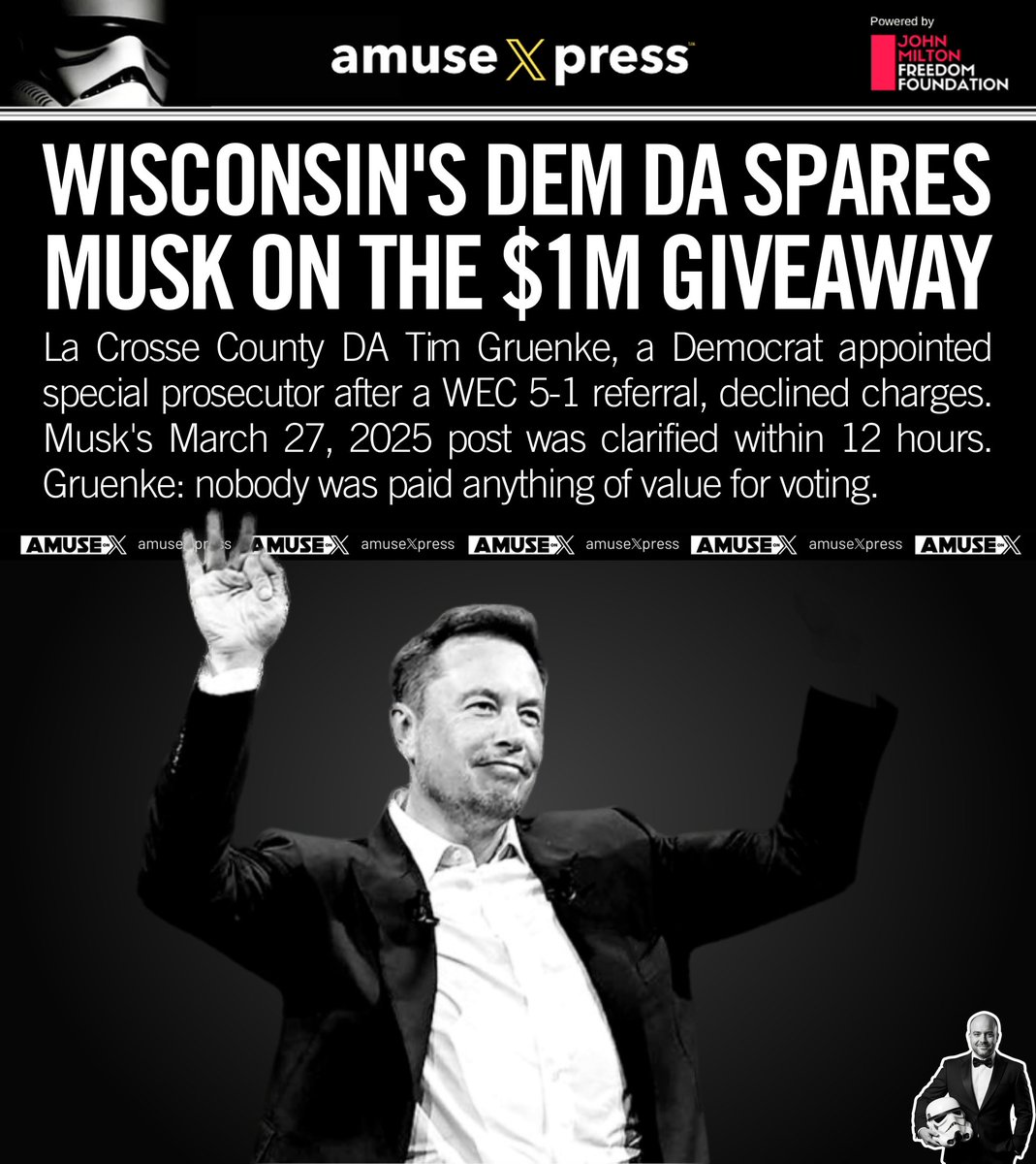 amusexpress's tweet photo. WISCONSIN: Dem DA Tim Gruenke declined charges on @elonmusk's $1M giveaway after a WEC 5-1 referral. Gruenke: nobody was paid anything of value for voting.
https://t.co/VLfI6VzlZU https://t.co/tcMsyfLynf