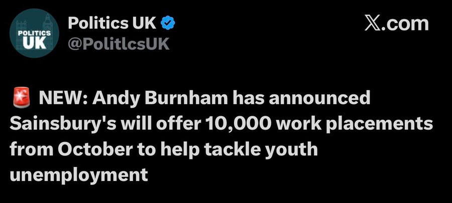 BladeoftheS's tweet photo. This is just free labour for Sainsbury's, who totally coincidentally are the biggest donor to Andy Burnham.

This is pointless because Sainsbury's isn't offering 10,000 jobs, it won't even hire 1000 of them.

It's just nonsense and free labour. https://t.co/gPfCMdw7mL