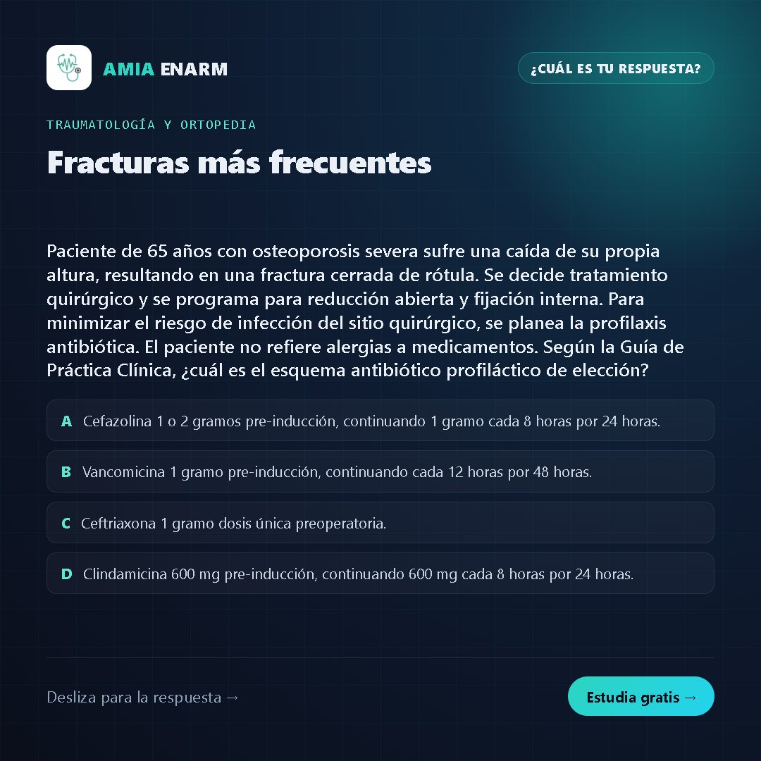 AMIAHealthTech's tweet photo. 🩺 Fracturas más frecuentes — ¿cuál eliges?
1/5

Desliza para ver la respuesta y el porqué.

Si la acertaste, vas bien. Si no, ya sabes qué repasar hoy 👇

#ENARM #ENARM2026 #CasoClinico #traumatologiayortopedia #amiahealthtech https://t.co/SgX8d9tM8y