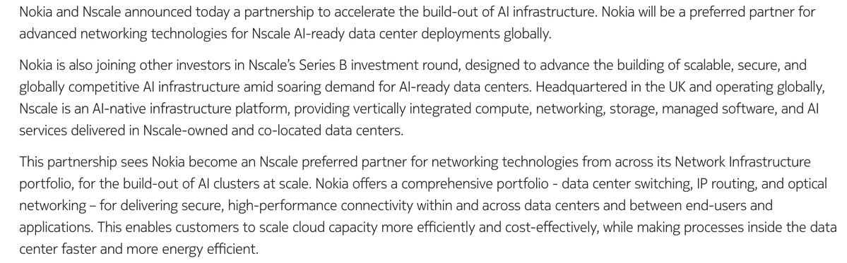 josephinvesting's tweet photo. $NOK

Anthropic just signed a $45 billion, 6 year compute deal with Nscale.

Nokia backed Nscale's series B round last year, and their series C earlier this year.

They are a preferred networking partner, meaning they supply switches, IP routing, and optical networking for Nscale's clusters.