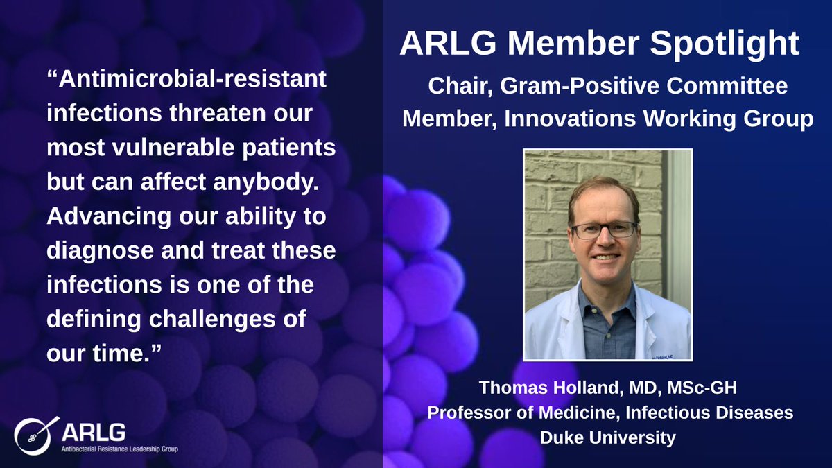 ARLGnetwork's tweet photo. In this #ARLGnetwork spotlight, Thomas Holland, MD, MSc-GH, @DukeMedSchool reflects on 14 years with ARLG &amp; shares what drives his work in #AMR. As a PI, mentor, &amp; Gram-Positive Committee Chair, he’s making important contributions to the ARLG 🔗 https://t.co/uW20EaerUu https://t.co/Qbu4HzPozD