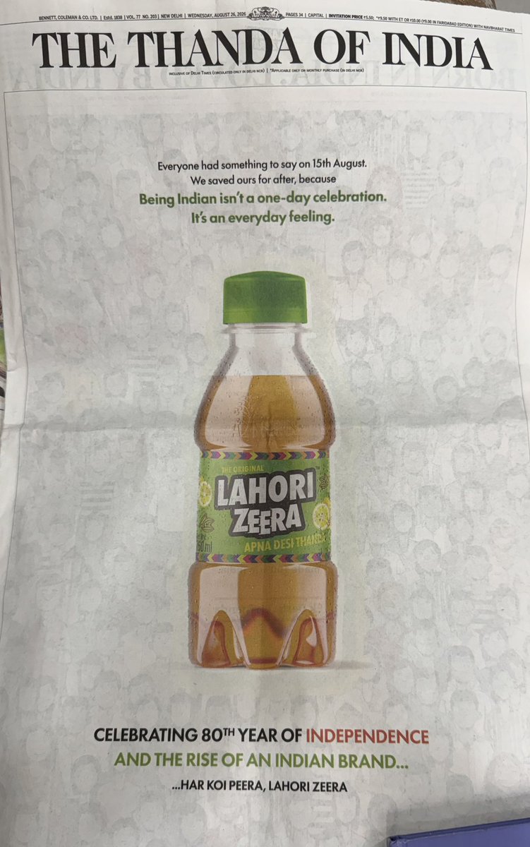 Moveribfan's tweet photo. This is FULL front page and back of @timesofindia 26 August. 
Product in ad is “Lahori Zeera” claiming to be Indian and what not BUT see the third pic where truth is revealed . Its Junk . Sugary Drink. 

After carbonated water SUGAR is the first ingredient . 

If one drinks all 160 ml , not difficult to gulp 18.9grams of SUGAR goes in. 

-WHO recommends: 25 gms per day .

Now let @fssaiindia and @jagograhakjago decide what is so Indian and what is so Lahori and what is so ‘zeera’ ?  

Is it not pure deception? 

When shall we see the truth in the food product ads? When shall freedom from food industry deception be achieved its already 80 years.

Independence Day what do you celebrate ?

@Reuters @ndtv @WIONews @IndianExpress @the_hindu @reporters_co @RemaNagarajan @chetanecostani @AnonnaDutt @BShajan @AnujaJaiswalTOI @Sonal_MK @vedikas @adityakalra @Richa_Writes 

Experts call for end to junk food ads!!  https://t.co/TXqDy0iS9n

@AskDrShashank @drmohanv @docanoopmisra @doctorsoumya @DrAmbrishMithal @DrLahariya @drgswander @NAPiIndia 

This is not to advise anyone what to drink;  But to ask regulators to end deceptive advertising practices.