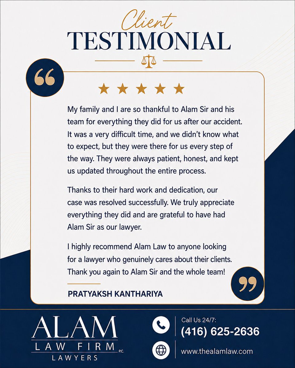 AlamLawOffice's tweet photo. Thank you for taking the time to share your experience. 
We’re truly grateful for your trust in Alam Law and are glad our team could support you and your family throughout the process. 

Your kind words mean a lot to our entire team.

#ClientReview #PersonalInjuryLaw https://t.co/FV7rfuuHdg