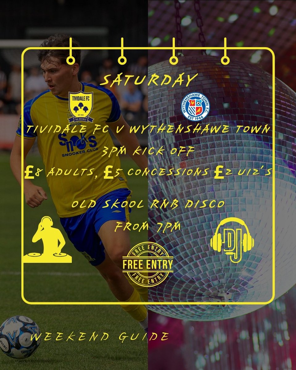 TiviFCofficial's tweet photo. BANK HOLIDAY WEEKEND AT THE BEECHES

We’ve got plenty happening at Tividale FC this weekend, and everyone is welcome.

Friday: Start the weekend with us from 3pm.

Saturday: First Team football as Tivi take on Wythenshawe Town at 3pm, followed by our Old Skool RnB Disco from 7pm with FREE ENTRY.

Sunday: Live football on the screens, plus darts and pool.

Bank Holiday Monday: Drinks offers throughout the afternoon before our U18s take centre stage in the FA Youth Cup against Brocton FC, kicking off at 7:45pm.

Football. Music. Live sport. Good company.

Come down to The Beeches and be part of what we’re building.

ONE CLUB. ONE COMMUNITY.

#TividaleFC #TheBeeches #OneClubOneCommunity #JustPlay #BankHolidayWeekend