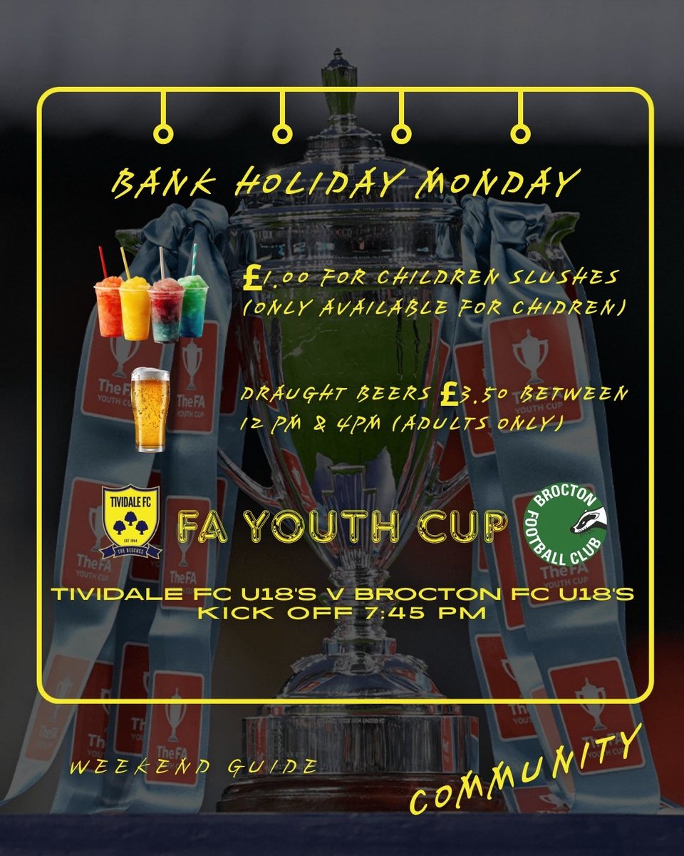 TiviFCofficial's tweet photo. BANK HOLIDAY WEEKEND AT THE BEECHES

We’ve got plenty happening at Tividale FC this weekend, and everyone is welcome.

Friday: Start the weekend with us from 3pm.

Saturday: First Team football as Tivi take on Wythenshawe Town at 3pm, followed by our Old Skool RnB Disco from 7pm with FREE ENTRY.

Sunday: Live football on the screens, plus darts and pool.

Bank Holiday Monday: Drinks offers throughout the afternoon before our U18s take centre stage in the FA Youth Cup against Brocton FC, kicking off at 7:45pm.

Football. Music. Live sport. Good company.

Come down to The Beeches and be part of what we’re building.

ONE CLUB. ONE COMMUNITY.

#TividaleFC #TheBeeches #OneClubOneCommunity #JustPlay #BankHolidayWeekend
