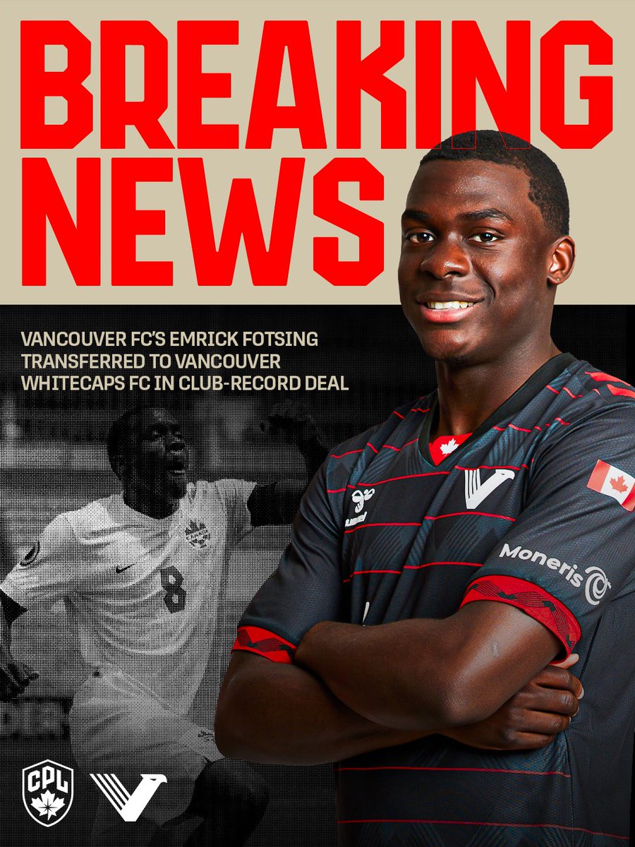 CPLsoccer's tweet photo. A big move across town 🦅

18-year-old Canadian youth international Emrick Fotsing joins the Vancouver Whitecaps in the second-largest transfer in CPL history. Fotsing will remain with @vanfootballclub on loan through 2026.

FULL STORY: https://t.co/TdfTYLTlmH

#CPLSoccer https://t.co/SZIMNEy83a