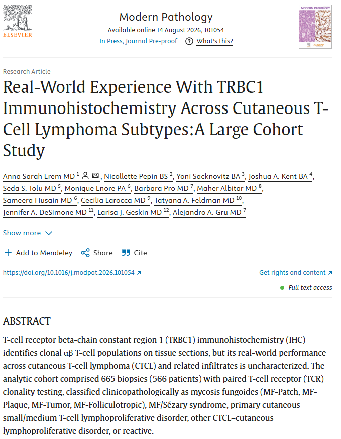 CakePath's tweet photo. I think the full-article pre-proof is available for all the CTCL adorers! This is the first article in Dr. Gru’s series on real-world experiences. Stay tuned!🔬👇https://t.co/ZaawhLTBYc #CTCL #Lymphoma #Dermatology #Dermatopathology #TRBC1 @alegru18 @MPulitzerMD @TorresCabalaMD https://t.co/yWC6LVKfgK