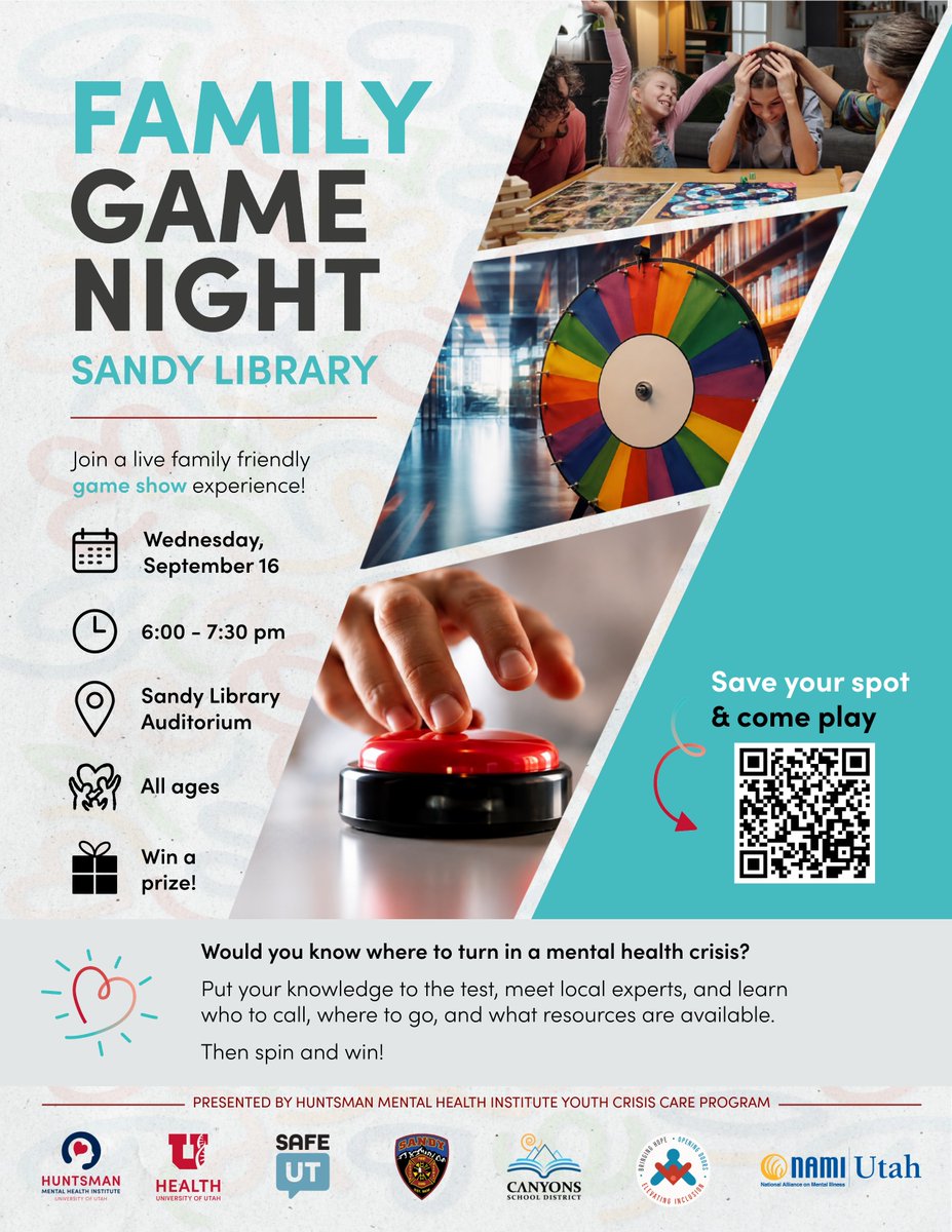 _CountyLibrary's tweet photo. 🎲Bring the family to #TheCountyLibrary for a fun game show experience for all ages. Get to know community resources that help families thrive.
📅 Wednesday, 9/16
⏰ 6–7:30 pm
📍 Sandy Library

RSVP encouraged but not required: https://t.co/VqlaeAvJnL
@uofu_hmhi @canyonsdistrict https://t.co/fMRVq7aGtl