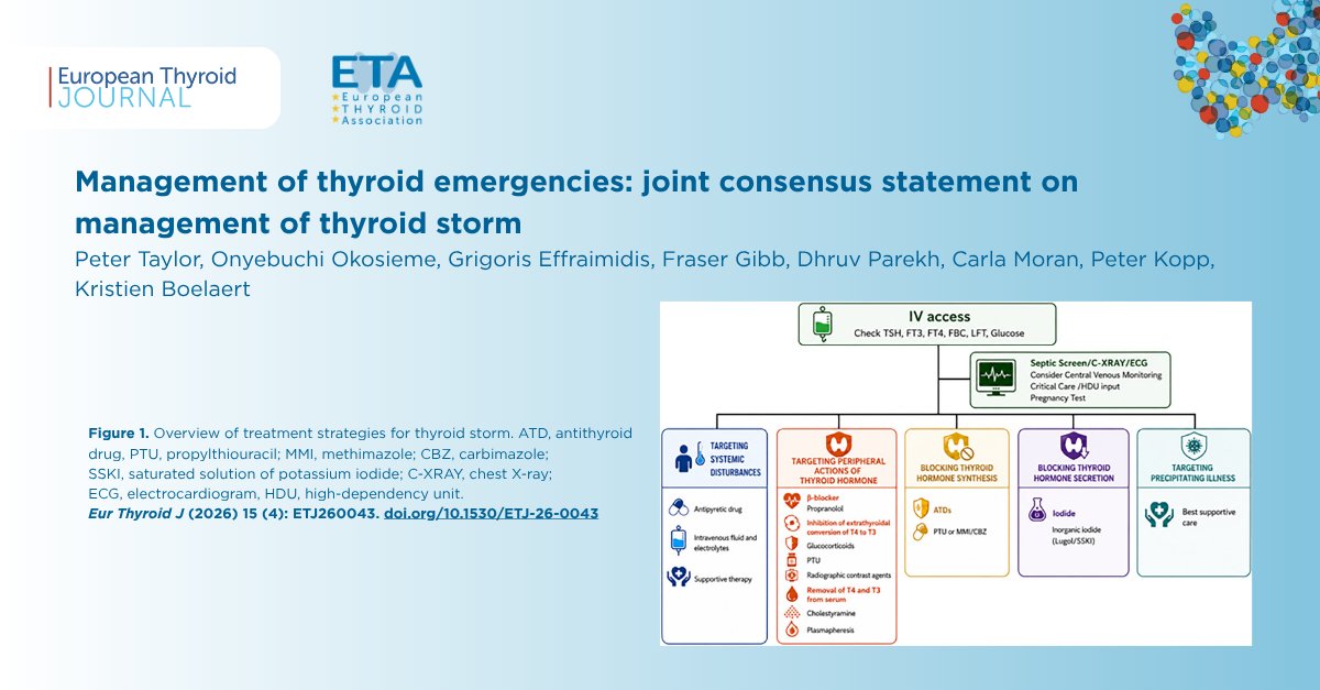 Eur_Thyroid_J's tweet photo. New Consensus Statement

Developed by an expert panel nominated by @ETA_Thyroid, @ThyroidBritish, Society for Endocrinology &amp; @welshendodiab , this document brings together current evidence &amp; expert consensus to support the management of thyroid storm.

🔗https://t.co/UNeJ7FF82F https://t.co/zi1g6o8AG7