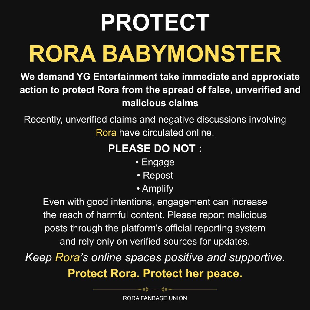 ChinaRORABar's tweet photo. We demand @ygent_official to protect Rora from misinformation, hateful comments, and sexual abuse.

She deserves protection and proper care. YG must take responsibility and act against the harm directed toward their artist.

WE STAND WITH RORA
#Protect_RORA
#YG_ProtectYourArtists https://t.co/0pJEJkGh8P