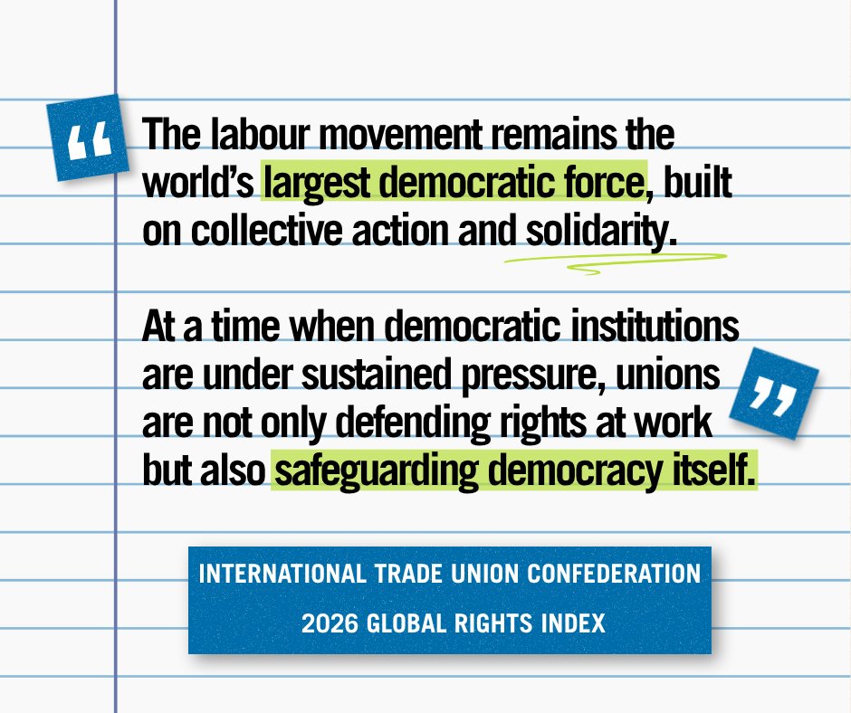 SolidarityCntr's tweet photo. By organizing, bargaining, &amp; campaigning together, working people have the power to reverse the erosion of rights &amp; freedoms—&amp; to build a more just, inclusive, &amp; democratic future for all. See what workers are up against in @ituc's Global Rights Index 📇 https://t.co/qxKH73085C https://t.co/v0jjVtbjc9