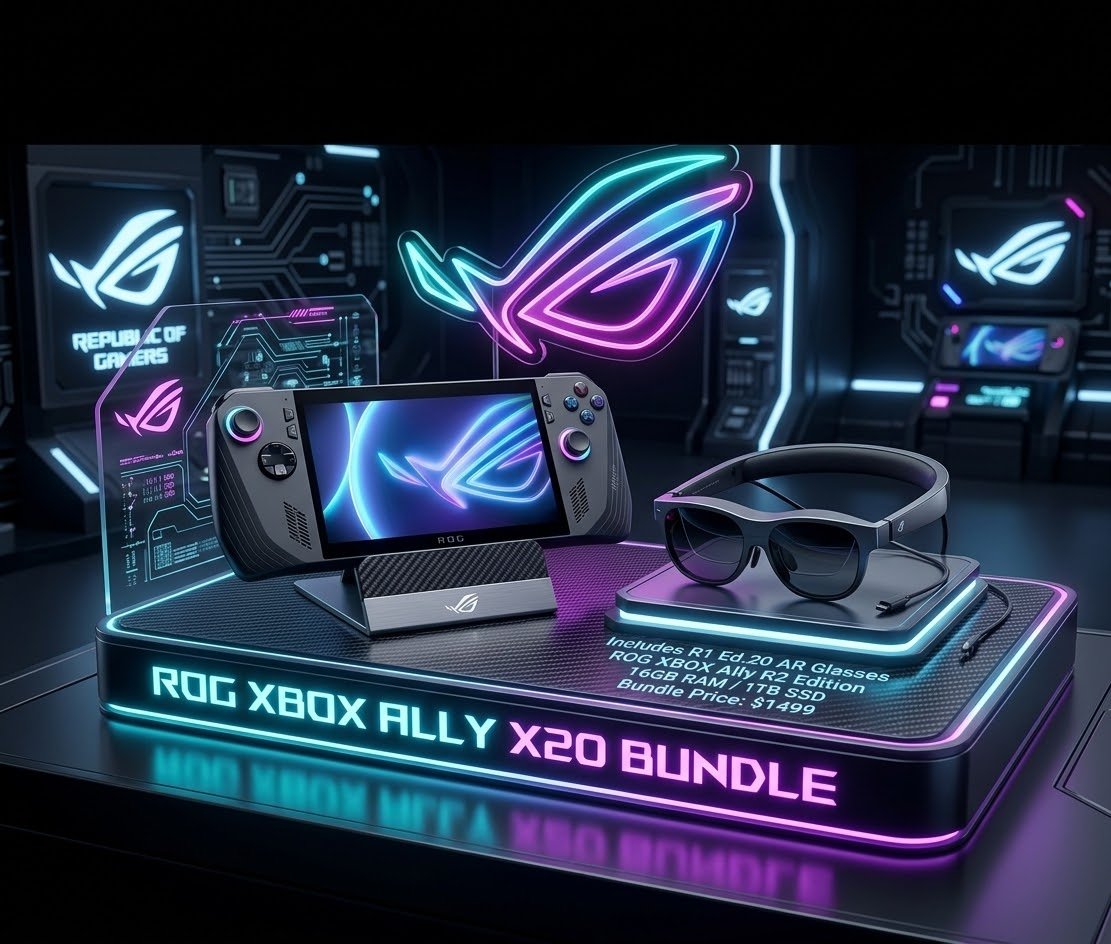 Techtillu01's tweet photo. Asus revealed the ROG XBOX Ally X20 bundle with R1 Edition 20 gaming AR glasses, offering a massive 171-inch display, along with a dbrand Killswitch and custom Pelican case. #ROG #XboxAllyX20 #Gamescom2026 https://t.co/HndoizGHV1