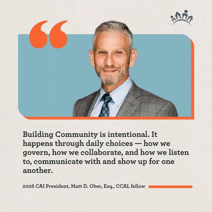 CCALawyers's tweet photo. #WordsOfWisdom from 2026 @caisocial President/CCAL fellow Matt D. Ober, Esq.: "Building community is intentional. It happens through daily choices - how we govern, how we collaborate, and how we listen to, communicate with and show up for one another." #WeAreCAI https://t.co/pxntajcj77