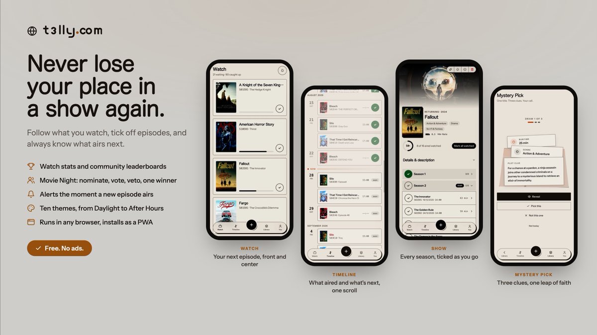 mihail_tirdea's tweet photo. TV Time shutting down got me thinking about what I want from a TV tracker.

Simple, fast, functional and no ads.

So I built my own.

Track shows, mark episodes, see what airs next, and features I’d actually use.

Link to try it out in the reply https://t.co/bbLEy987Bv