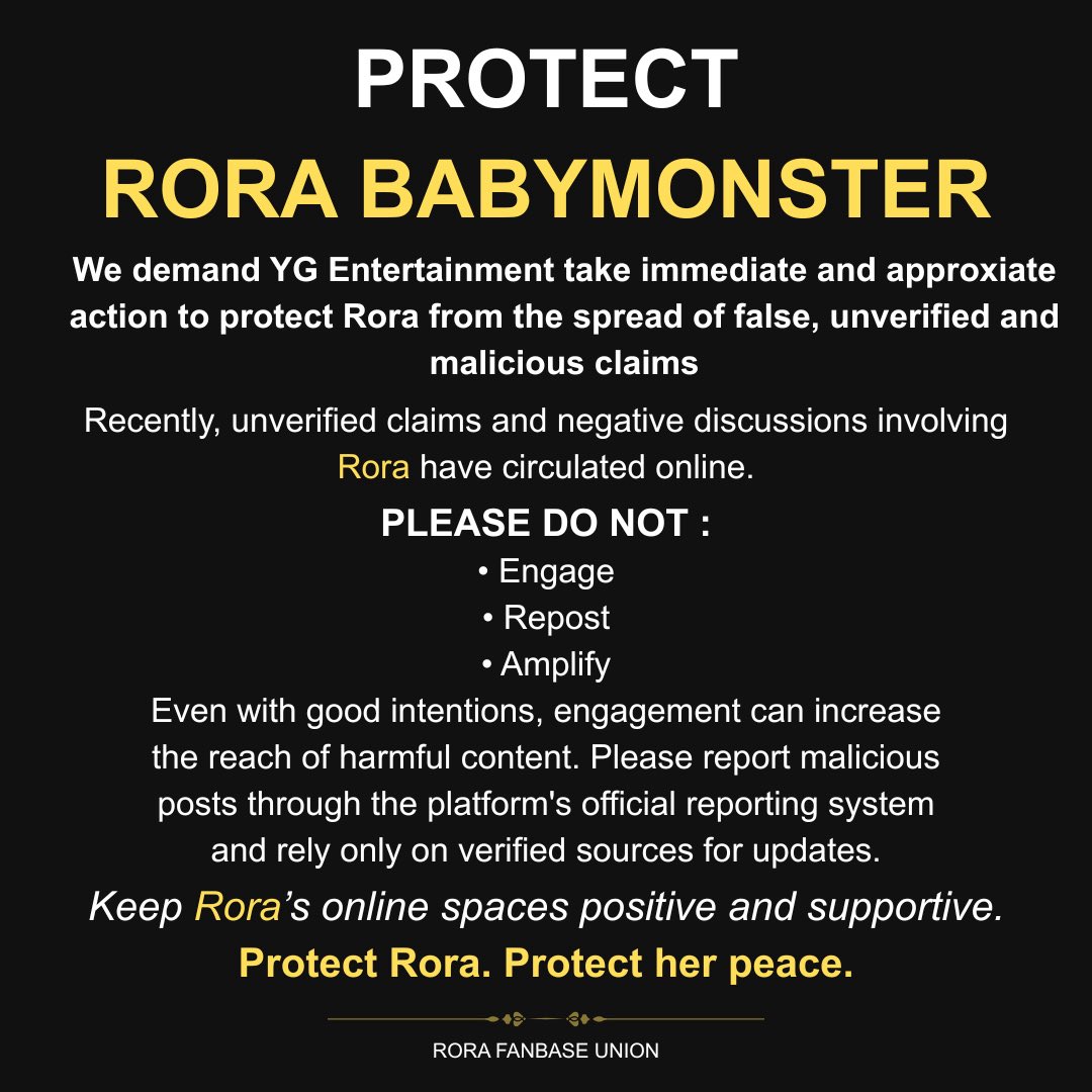 Yudainformyrora's tweet photo. We demand @ygent_official to protect Rora from misinformation, hateful comments, and sexual abuse.

She deserves protection and proper care. YG must take responsibility and act against the harm directed toward their artist.
RORA OUR HAPPINESS
#Protect_RORA
#YG_ProtectYourArtists https://t.co/erI91ZYOr2