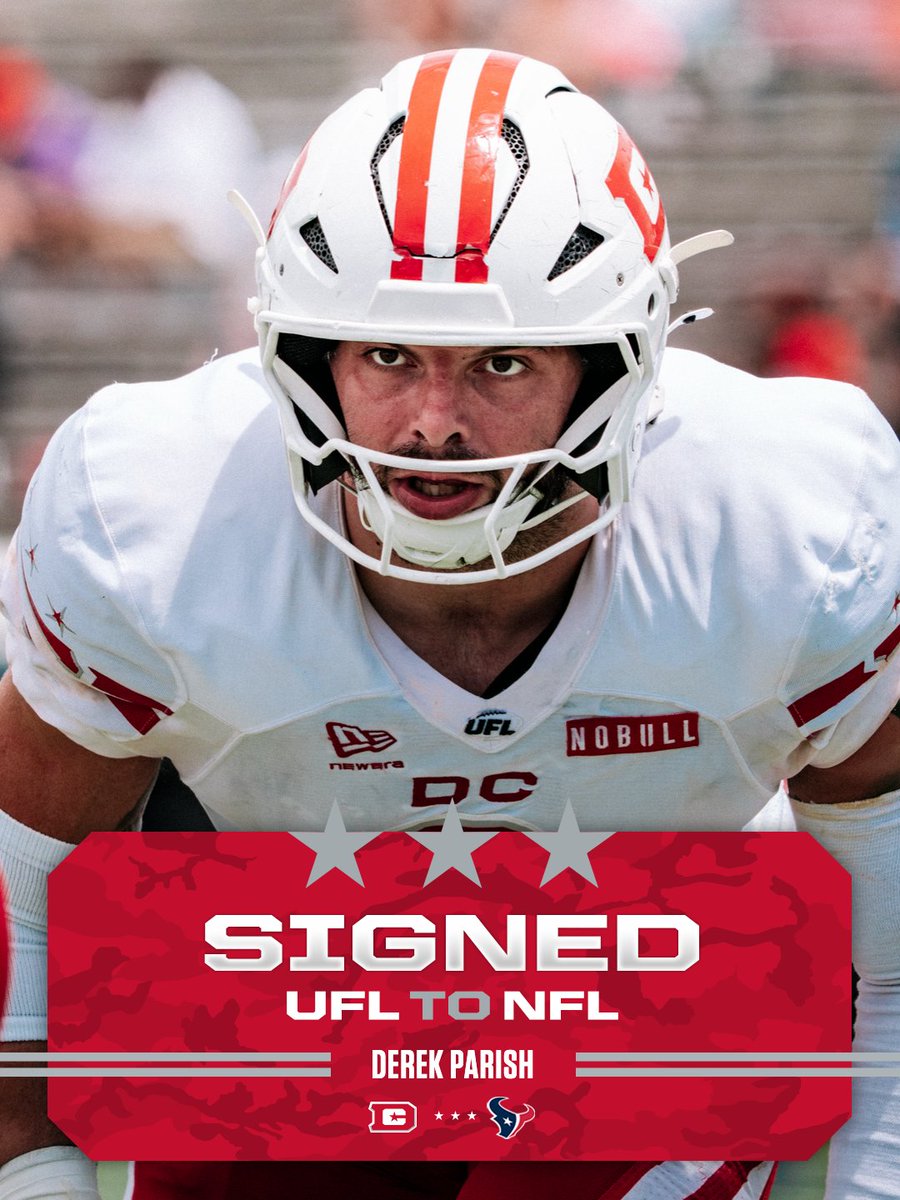 UFLDefenders's tweet photo. HEADED TO HOUSTON 🤠

Derek Parish has been signed by the Houston Texans.

#UFLtoNFL https://t.co/IaW0DBziDb