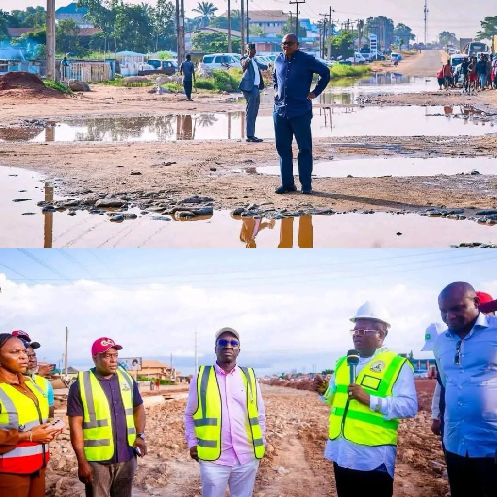 youngvik5's tweet photo. Mr. Peter Obi  stood on this road earlier this year and called on Tinubu to fix this road. 
Dave Umahi insulted Peter Obi and  challenged him to a useless debate.
The same place PO stood was the same spot Dave Umahi stood on that same road to apologise to Nigerians for not repairing the road. He accepted full responsibility for the poor condition of the roads.
We’ve now seen how the debate ended. 

Peter Obi is always ahead of them