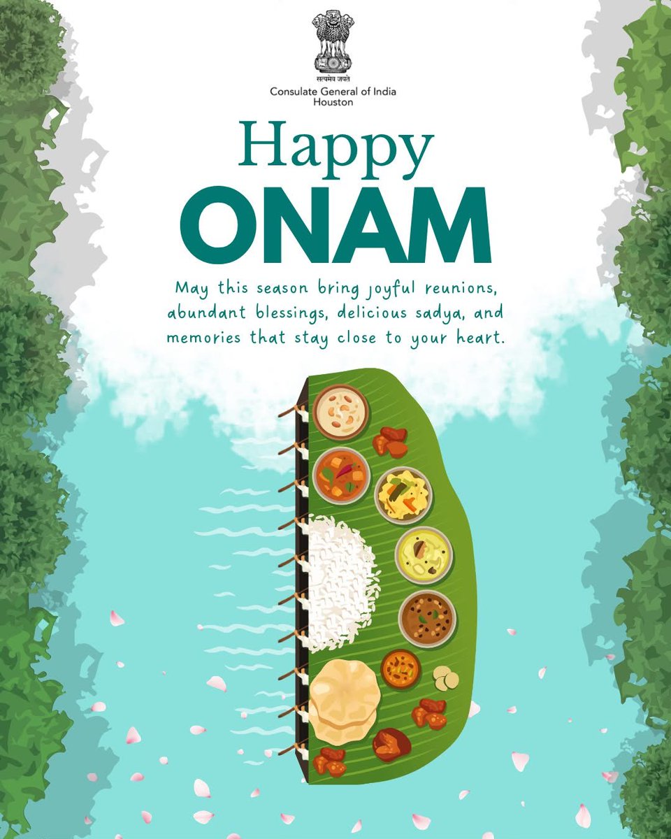 cgihou's tweet photo. Consulate General of India, Houston wishes everyone a joyous and prosperous Onam.
May the festival bring happiness, harmony and togetherness to all.
#HappyOnam #Onam2026 #CGIHouston #IndianDiaspora #IndiaInUSA https://t.co/lttXjOLK6X