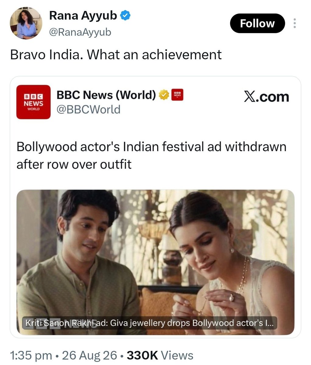 Mrsinha's tweet photo. She literally mourned for Kasab after he was hanged...
She literally supports ISIS-Hamas etc in the name of religion..
She literally justifies STSJ over criticism of her religious things.
She literally supports Sharia rule even for school-going girls.

And look at this now.... Trying to shame India because Hindus opposed vulgarity being linked to our festival.
If it was Eid ad, and Kriti Senon had worn the same dress, this same jihadan would have been raising STSJ slogans.