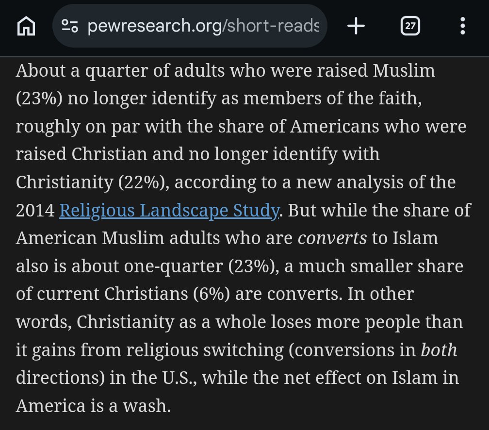 KerrDepression's tweet photo. Hijrah bros are annoying but you're proving their point. “I'll take my children being more likely to lose their faith as the price for material comfort”

A ~quarter of those born Muslim in America apostasize. There isn't net loss due to converts, but not good odds for *your* kids https://t.co/ebFZDpkUwK
