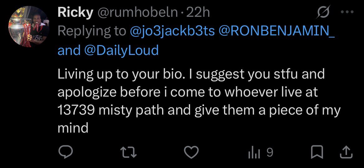 jo3jackb3ts's tweet photo. @rumhobeln @RONBENJAMIN_ @DailyLoud And why we deleting shit. You so fucking tough on the internet stand on what you say instead of posting and deleting. Hope whoever lives there puts some hot shit in your dumbass. https://t.co/VIVMqPLiLE