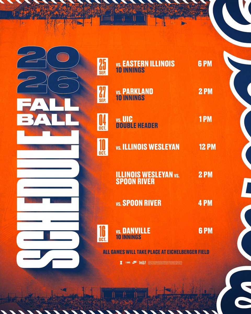 IlliniSB's tweet photo. Pumpkin spice is back... and so is fall ball!

Five dates to watch your Fighting Illini at Eichelberger Field⤵️ https://t.co/miHMEb2O2z