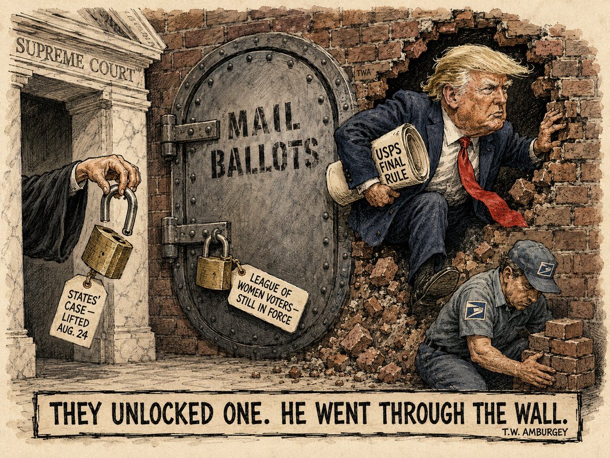 twamburgey's tweet photo. There were two injunctions. The Supreme Court lifted one on Aug. 24. The other — League of Women Voters, nationwide — still stands. USPS finalized the rule anyway. The judge called it "feigned compliance."

#PoliticalCartoon #Satire #EditorialCartoon #SCOTUS #VotingRights https://t.co/NPqsRKj01P