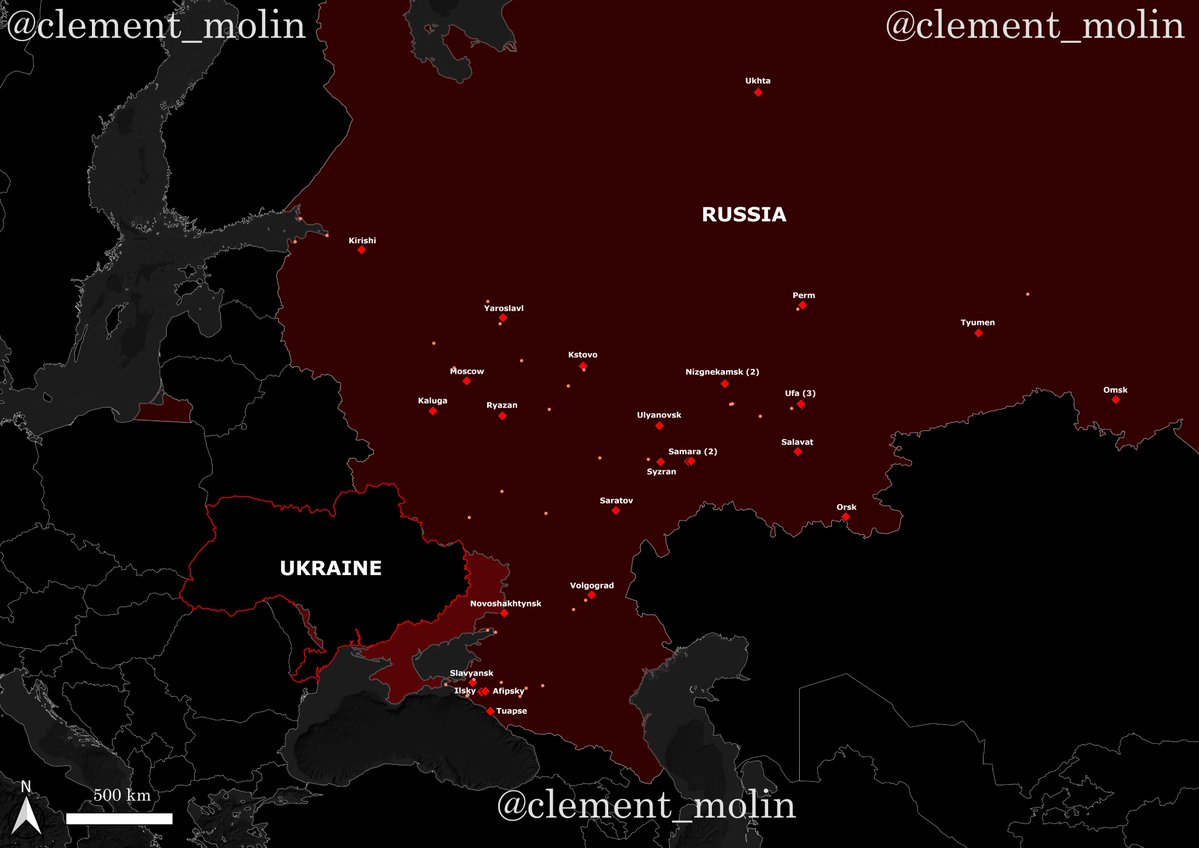 clement_molin's tweet photo. In 2026, at least 28 Russian 🇷🇺 refineries⛽️(out of approximately 48) were hit in 81 separate strikes.

Seventeen of the twenty largest Russian refineries were struck during the first eight months of the year, sometimes sustaining significant damage, such as at Orsk, Perm, or Ryazan.

The repeated strikes on major refineries (6 at Yaroslavl; 5 at Ilsky, Saratov, Syzran, and Tuapse; and 4 at Kstovo, TAIF-NK Nizhnekamsk, Ufa Bashneft, and Volgograd) disrupt the restoration of damaged key components, which typically take weeks or months to repair.

At the same time, Ukrainian 🇺🇦 forces continue to target crude oil and fuel storage tanks, both near refineries (in Moscow or Perm...) and at transit points (11 strikes: Perm, Yaroslavl, Vladimir...), storage facilities (26 strikes on major storage sites, excluding occupied Ukrainian territories), and export terminals (11 strikes: Novorossiysk, Ust-Luga, Primorsk...).

These strikes, targeting both production (which has become intermittent, slowed, or sometimes halted in certain regions) and storage, are contributing to widespread fuel shortages across a number of Russian regions.

In total, nearly 130 strikes on key Russian oil and fuel production, storage, transport, and export facilities have been recorded since the beginning of the year. This represents a tangible loss of revenue, only partially offset by the Iranian conflict and rising oil prices. While refineries are usually repaired quickly, the relentless succession and precision of the strikes are placing a strain on critical infrastructure. While the strikes hitting the storage tanks caused a lot of media attention, given the smoke they generated, it is the strikes hitting the critical parts of the refineries that matter.

My map of Ukrainian 🇺🇦 strikes on Russian 🇷🇺 refineries (red) and other oil/fuel related targets (small pink round) :