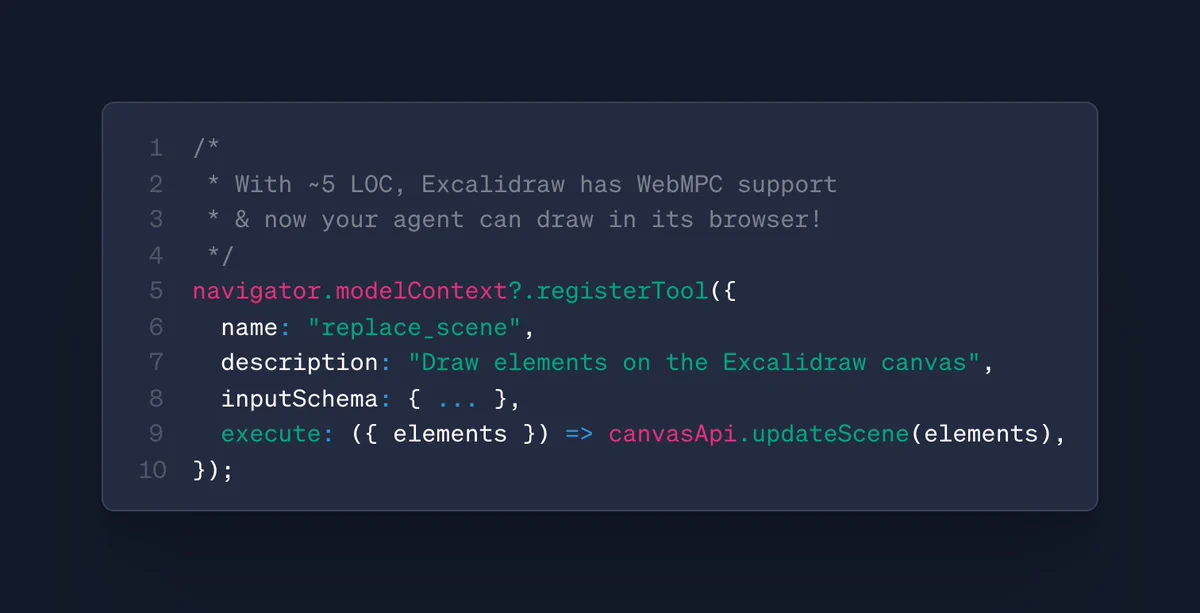 With ~5 LOC, Excalidraw has WebMPC support & now your agent can draw in its browser!

navigator.modelContext?.registerTool({
  name: "replace_scene",
  description: "Draw elements on the Excalidraw canvas",
  inputSchema: { ... },
  execute: ({ elements }) => canvasApi.updateScene(elements),
});
