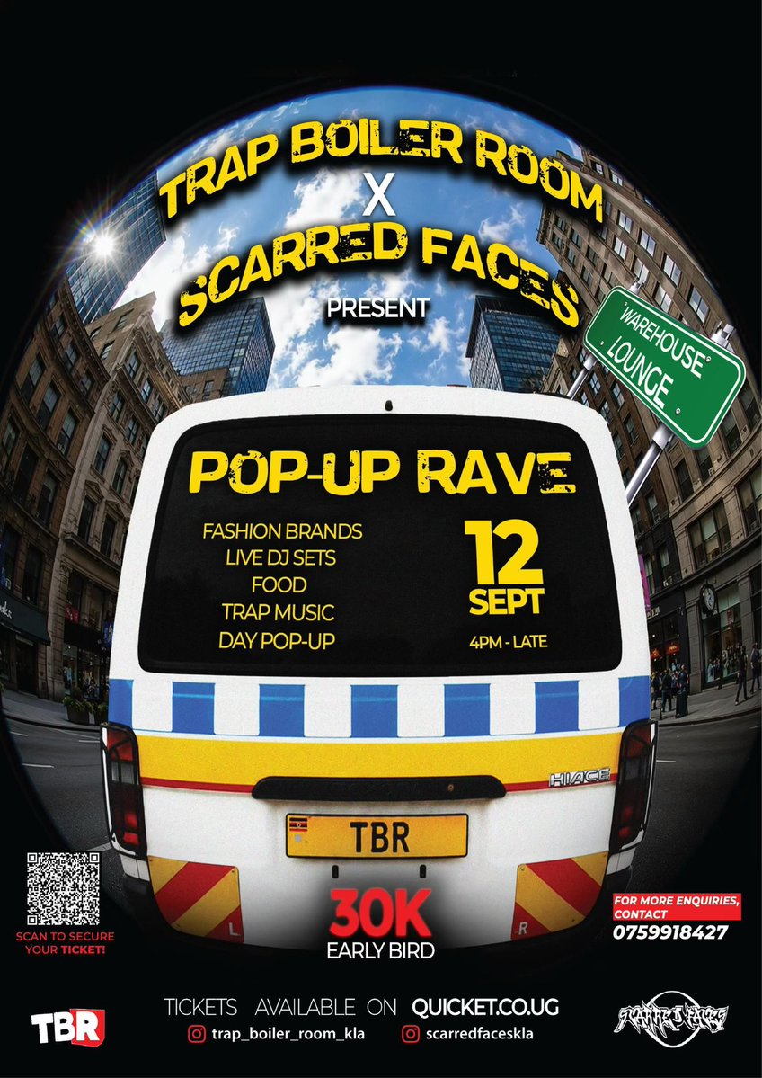 TrapBoileroom's tweet photo. Kampala, we're so BACKK and this time, we're switching it up.

On 12 September, TRAP BOILER ROOM × SCARRED FACES presents the first ever POP-UP RAVE at Warehouse Lounge.

From 4PM, expect a street culture experience bringing together creatives, fashion brands, live DJ sets, food, flash tattoos, jewellery, and more.
Then we turn it into a full Trap Boiler Room rave.

One venue. One ticket. Two experiences.
Early Bird:30,000/= 
Tickets on Quicket 

TIX Link 
https://t.co/ikVrgTds9c