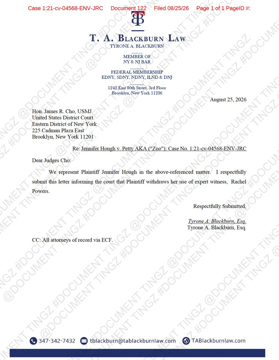 DocumentTingz's tweet photo. ⚖️COURT UPDATE⚖️Jennifer Hough has officially WITHDRAWN her expert witness in her federal lawsuit.

On August 25, 2026, Hough’s attorney Tyrone Blackburn filed a letter with Magistrate Judge James R. Cho confirming that Hough is withdrawing her use of expert witness Rachel Powers.

That means Powers will no longer be used by Hough as an expert witness in the case.

This filing comes after the Court previously directed Hough to submit a letter confirming the withdrawal.

The filing itself does NOT dismiss Hough’s lawsuit and does NOT resolve any of her remaining claims. It simply confirms that Rachel Powers is no longer part of Hough’s trial strategy as an expert witness.
