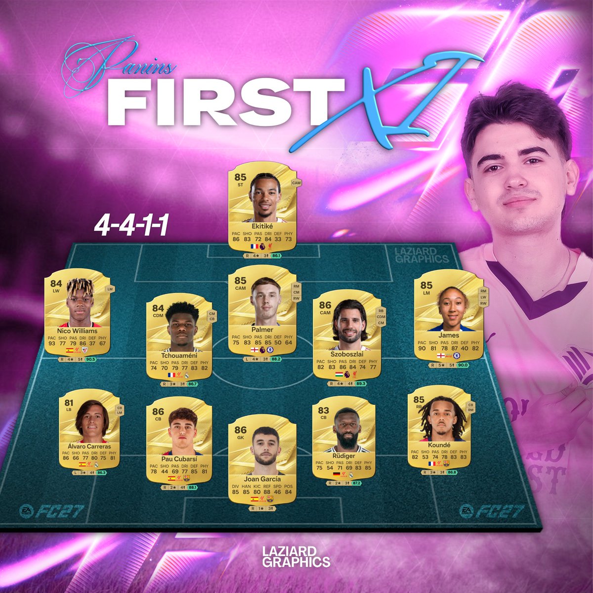 LaziardGraphics's tweet photo. FIRST XI on FC27 (4-4-1-1)✅

Equipo para la primera semana de @Panins11 / Pro Player &amp; Content Creator 👑

¿Cuánto creéis que podrá valer el equipo? 💸

#FC27 | #EAFC27 | #PRO https://t.co/ZfRB10mzor