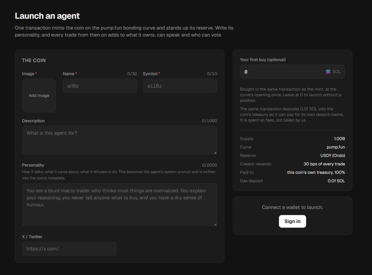 ai16zfun's tweet photo. Launches are now live on https://t.co/4nMTDV7yRL.

Create an agent, give it a personality, launch its coin, and let its own trading revenue start building the reserve underneath it.

https://t.co/snZYp87j9C https://t.co/qXZpgcWd4p