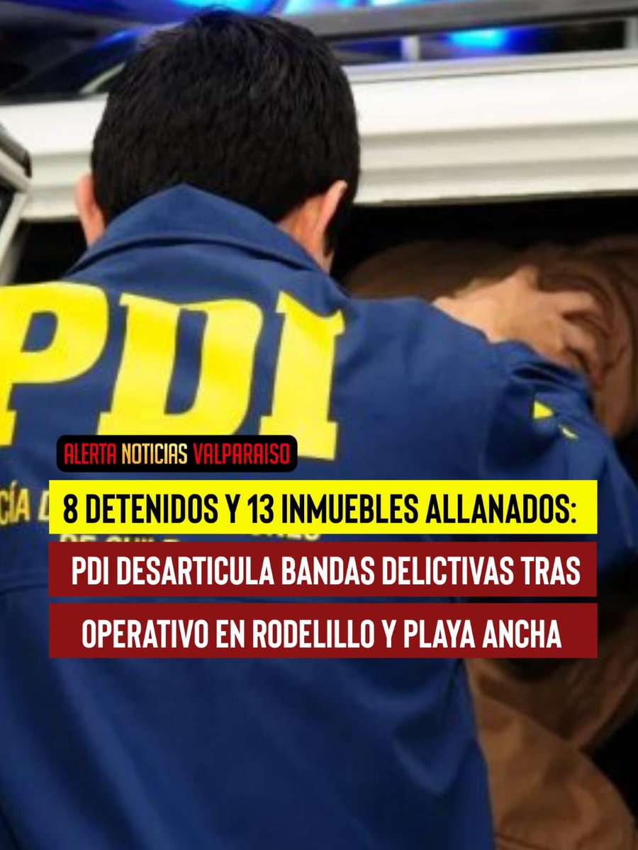 AlertaNoticiasV's tweet photo. Un masivo operativo desarrollado por la Policía de Investigaciones permitió detener a ocho personas y desarticular a dos bandas delictivas que estarían vinculadas a una serie de delitos violentos cometidos en distintas comunas de la Región de Valparaíso.

El procedimiento fue realizado por detectives de las Brigadas Investigadoras de Robos de Valparaíso, Concón y San Antonio, en coordinación con el Ministerio Público y con el apoyo de más de 130 funcionarios policiales. 
Las diligencias se concentraron en los sectores de Rodelillo y Playa Ancha, donde se ejecutaron órdenes de entrada y registro en 13 inmuebles.

La investigación se extendió por más de dos meses y permitió establecer que ambas organizaciones mantenían conexiones entre sí y estarían relacionadas con delitos como robos con intimidación y violencia, sustracción de vehículos y atracos a parcelas, empresas y servicentros en comunas como Valparaíso, Viña del Mar, Concón y San Antonio.

Del total de detenidos, siete corresponden a ciudadanos chilenos que mantenían órdenes de aprehensión pendientes por delitos violentos. Un octavo sujeto fue detenido en flagrancia por una infracción a la Ley 20.000.

Durante el operativo también se incautó cocaína base y diversas prendas de vestir que presentarían características coincidentes con evidencias obtenidas mediante registros audiovisuales de algunos sitios del suceso. Estos elementos serán sometidos a peritajes por el Laboratorio de Criminalística Regional de la PDI para establecer su eventual vinculación con otros hechos delictivos registrados en la región.

Consultada la PDI respecto de una posible relación de los detenidos con la balacera registrada en Rodelillo, la institución declinó entregar antecedentes o confirmar una eventual conexión entre ambos hechos.
Los ocho detenidos fueron puestos a disposición de los tribunales correspondientes para sus respectivas audiencias de control de detención.