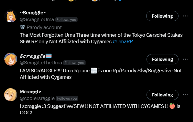 likevivlos's tweet photo. what the fuck the scraggles are afterme ?????????????

@ScraggleTheUma @ScraggleUma @coolersraggle and then theres also @FrozenScraggle https://t.co/qgH6r52DTp