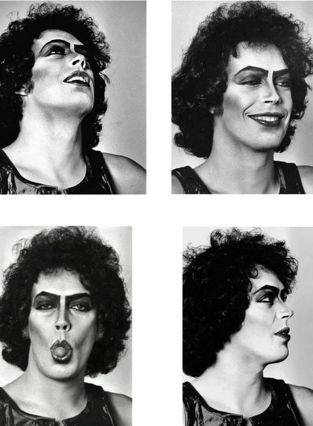 TheCinesthetic's tweet photo. Tim Curry posing for photographer Mick Rock behind the scenes of The Rocky Horror Picture Show, 1975. https://t.co/hjn9FoH8AI