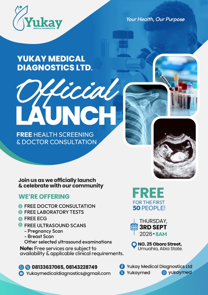 Myka_veli's tweet photo. Hello guys,

I’m happy and proud to announce the establishment of Yukay Medical Diagnostics Ltd @Yukaymed

Last year, @Morris_Monye made a post about applying for the Tony Elumelu Foundation @TonyElumeluFDN Grant. I submitted an application and was fortunate enough to receive a $5,000 business grant.

With the grant, together with my personal investment, I’m proud to announce the establishment of Yukay Medical Diagnostics Ltd.

Yukay Medical Diagnostics offers medical laboratory services, ECG and radiological investigations, including ultrasound scans and X-rays.

We will officially commence operations on 3rd September 2026, with a free medical check-up for the first 50 people.

This is the beginning of a dream, and I’m grateful to everyone who has supported me along the way. Special thanks to Sir @TonyOElumelu.

Yukay Medical Diagnostics - Your Health, Our Purpose.