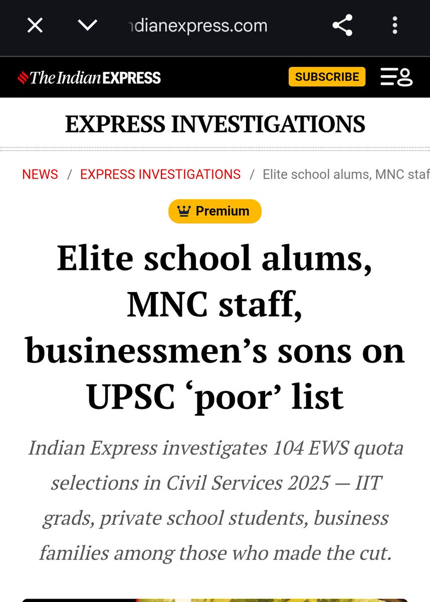 priyanshu__63's tweet photo. EWS आरक्षण जनरल कैटेगरी के गरीब बच्चों के लाभ के लिए आया था परंतु इस समाज के संपन्न परिवारों ने पूरे गरीब सवर्णों का हक मारकर रखा है

इसका सबसे बड़ा सबूत है The Indian Express द्वारा UPSC 2025 में ईडब्ल्यूएस कोटे से सिलेक्ट हुए छात्रों पर जारी रिपोर्ट 👇🏻

रिपोर्ट में बताया गया कि 2025 में में ईडब्ल्यूएस कोटे से यूपीएससी परीक्षा पास करने वाले कुल 104 कैंडिडेट थे। बड़ी हैरानी की बात है कि इनमें से अधिकांश बहुत ही संपन्न परिवार के लोग थे
 
रिपोर्ट के अनुसार:- 

1)- कम से कम 67 छात्र किसी बड़े कोचिंग संस्थान से पढ़े

2)- कम से कम 46 काफी महंगे प्राइवेट स्कूलों में पढ़े

3)- कम से कम 28 छात्रों के परिवार के पास अपना खुद का व्यवसाय था

4)- कम से कम 10 छात्र पहले से निजी क्षेत्र में नौकरी कर रहे थे

5)- कम से कम 14 छात्र IIT से पढ़े हुए थे

हैरानी की बात है कि जो EWS आरक्षण सवर्ण समाज के उन परिवारों के लिए लाया गया जो आर्थिक तौर पर सक्षम नहीं है, उस आरक्षण को संपन्न लोगों द्वारा हाइजैक कर लिया गया

और भी अधिक हैरानी की बात यह है कि ये लोग SC,ST, OBC के जातिगत आरक्षण को जबरन टार्गेट कर रहे हैं और आर्थिक आधार पर करना चाहते हैं....अरे भाई पहले अपने समाज के गरीबों का हक खाना तो छोड़ो उसके बाद दूसरे समाज के गरीबों की सोचना

जिस दिन SC/ST/OBC आरक्षण का आधार भी आर्थिक हुआ तो गरीब वर्ग बिल्कुल उसका फायदा नहीं ले सकता, जैसा अभी ईडब्ल्यूएस में देखने को मिल रहा है...!!