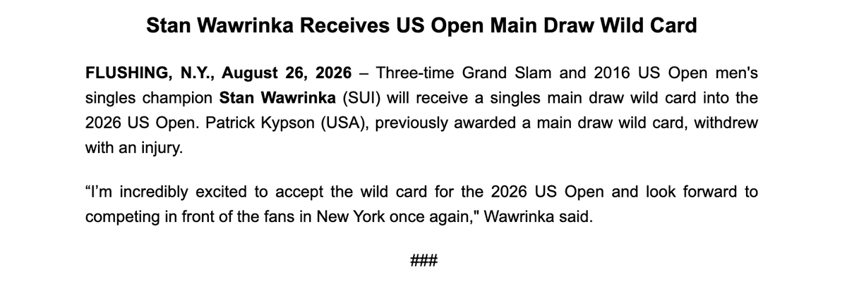 christophclarey's tweet photo. Much better late than never

Stan Wawrinka, former US Open champ, gets his much deserved wild card https://t.co/A9EDWRoFpw