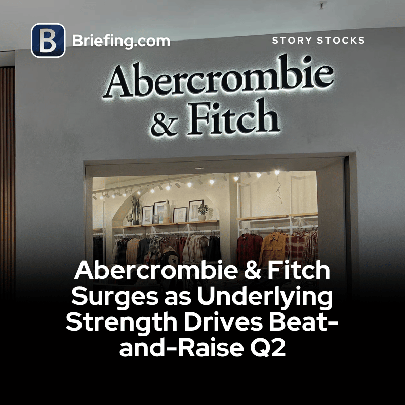 Briefingcom's tweet photo. $ANF: Abercrombie & Fitch (+40.6%) is surging after a beat-and-raise Q2, with stronger full-price selling, better conversion, and improving brand trends supporting the move even after stripping out tariff-refund benefits. Full analysis: https://t.co/iP7hJjRSPH #ANF #retail #apparel #clothing #earnings #tariffs #stocks #investing