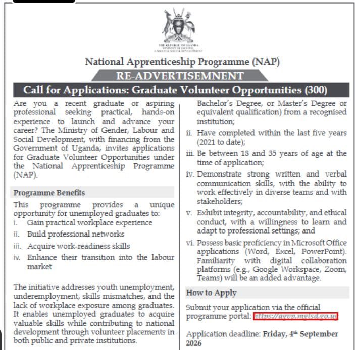 NYCofUganda's tweet photo. Hello young people, especially recent graduates or aspiring professionals. Here we go.

Take your shot. 
Apply for the Graduate Volunteer Opportunities from @Mglsd_UG , you maybe one of the lucky 300 applicants to be selected. https://t.co/WYLsXvzNA1