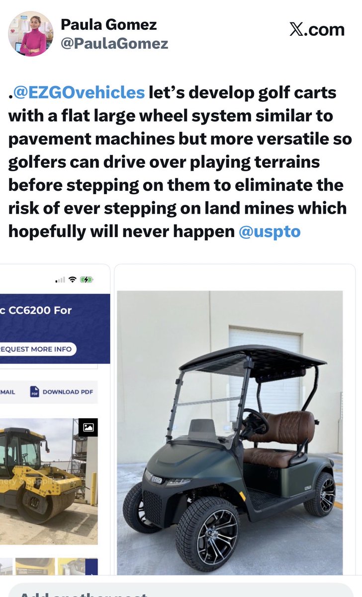 PaulaGomez's tweet photo. .@EZGOvehicles do one whole flat wheel system that weighs on the field when driving on it &amp; versatile enough to be “all terrain” accessible @uspto https://t.co/sWFc01uXsP