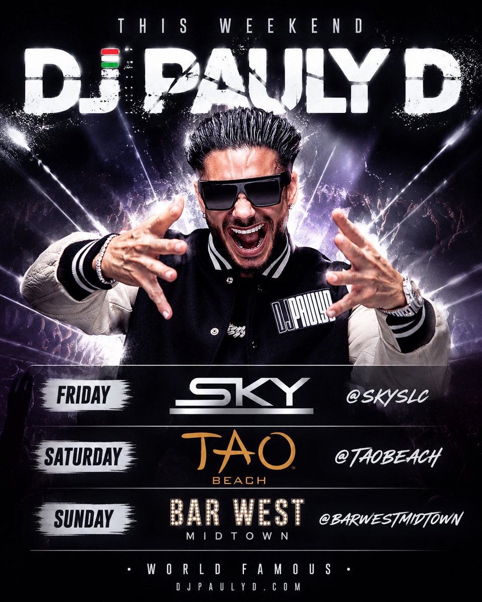 DJPaulyD's tweet photo. This Weekend 
@SkyVenueSLC 
@TaoBeach 
@barwestmidtown https://t.co/xvz59vHOdM